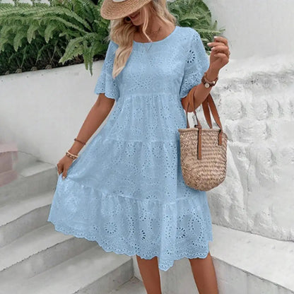 Elegant V-Neck Lace Detail Button Front Midi Dress