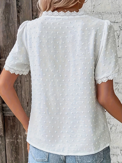 Plus Size Lace Trim V-Neck Short Sleeve Blouse for Women