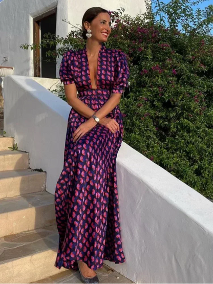 Printed Puff Sleeve V-Neck Midi Dress