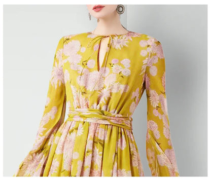 Floral Lace-Up Puff Sleeve Maxi Dress