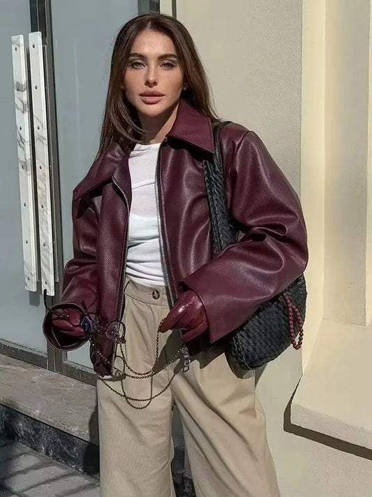 Women’s Cropped Faux Leather Jacket with Zipper and Lapel Collar