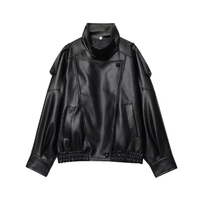 Women’s Oversized Faux Leather Jacket with High Collar