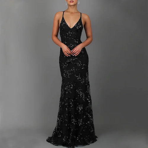 Sequin Backless V-Neck Maxi Dress