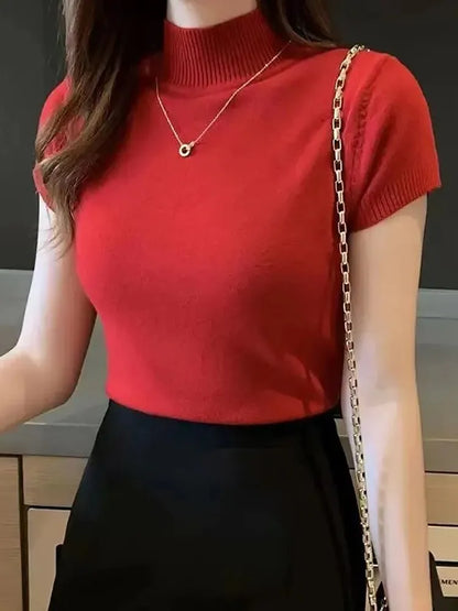 Women’s Mock Neck Short Sleeve Fitted Knit Top