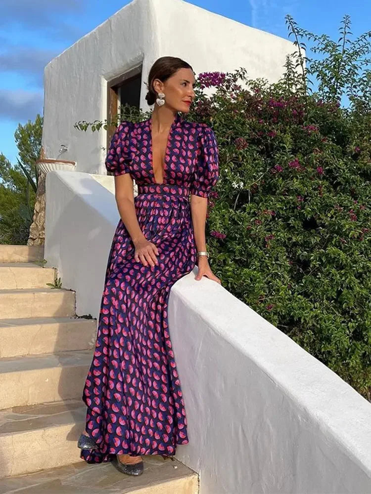 Printed Puff Sleeve V-Neck Midi Dress