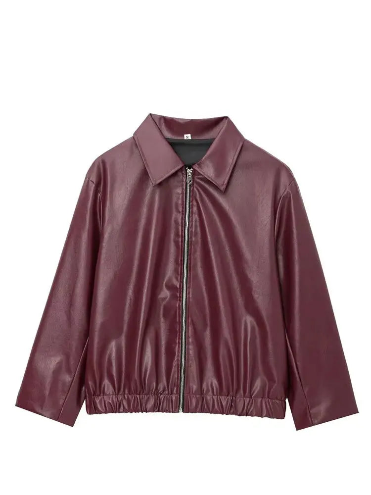 Women’s Cropped Faux Leather Jacket with Zipper and Lapel Collar