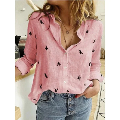 Women’s Vintage Cotton Linen Floral Print Long Sleeve Casual Blouse